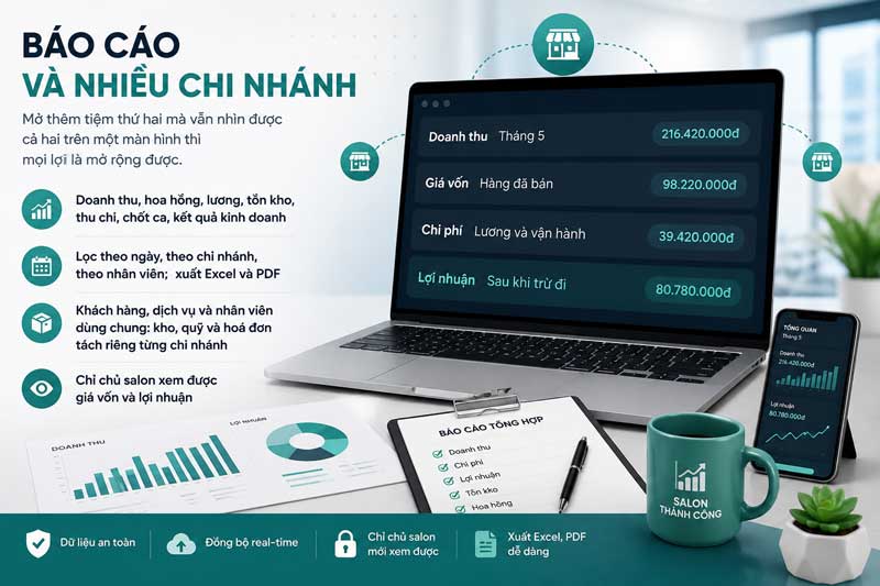 Màn hình Báo cáo và nhiều chi nhánh trong SalonPos